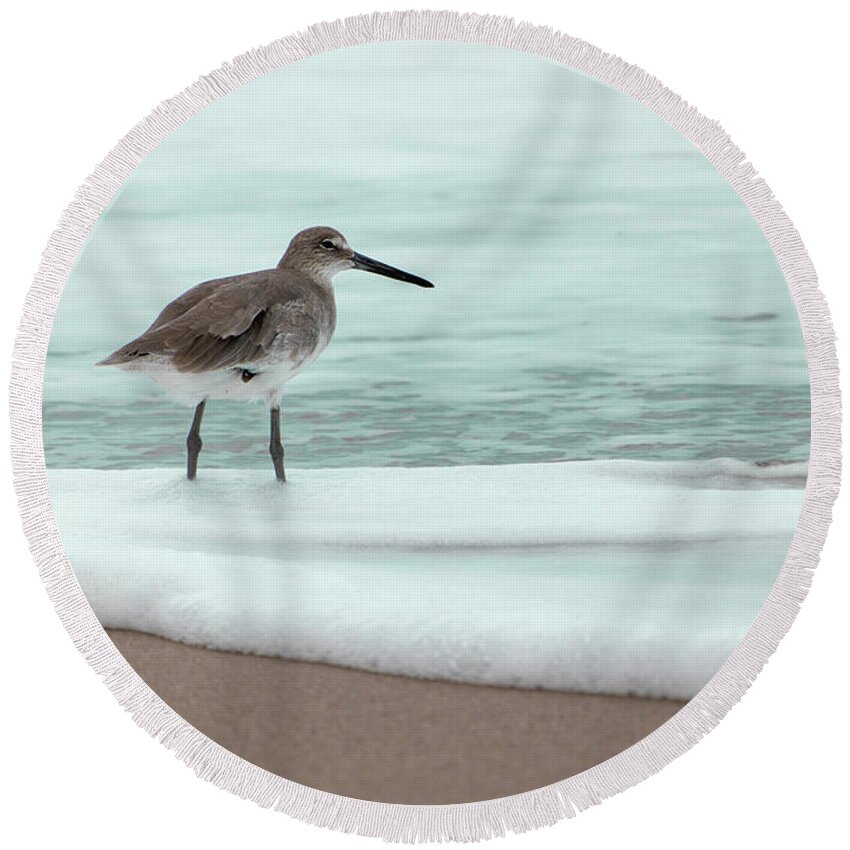 Beach Round Beach Towel featuring the photograph Lone Wave Dancing Sandpiper by Blair Damson