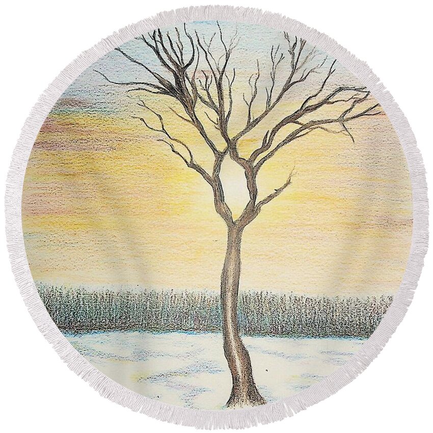 Tree Round Beach Towel featuring the drawing Lone survivor by Valerie Shaffer