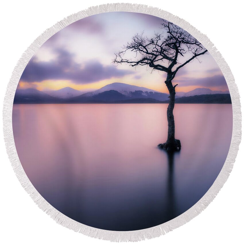 Loch Lomond Round Beach Towel featuring the photograph Lone tree dusk at Milarrochy Bay, Loch Lomond, Scotland by Neale And Judith Clark