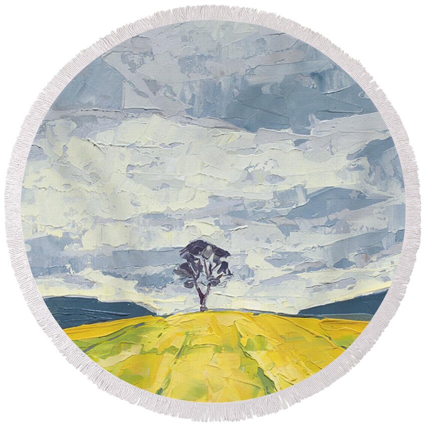 Oil Painting Round Beach Towel featuring the painting Lone Tree, 2015 by PJ Kirk