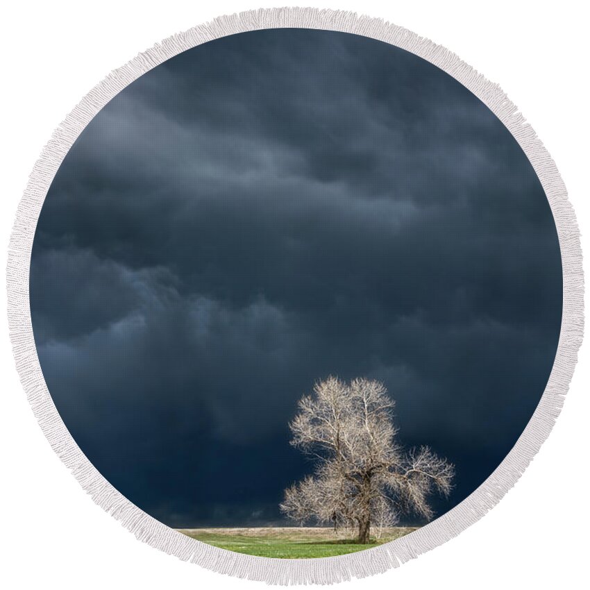 Storms Round Beach Towel featuring the photograph Lone Tree Tornado Warning by Darren White