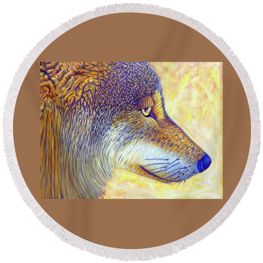 Wolf Round Beach Towel featuring the painting Lone Wolf Wisdom by Brian Commerford