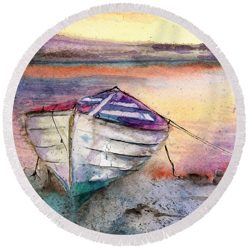 Boat Round Beach Towel featuring the painting Lonely Boat by Espero Art