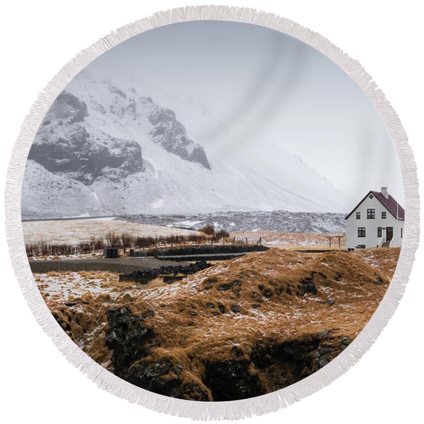 Icelandic Landscape Round Beach Towel featuring the photograph Lonely house in winter Iceland #3 by Michalakis Ppalis