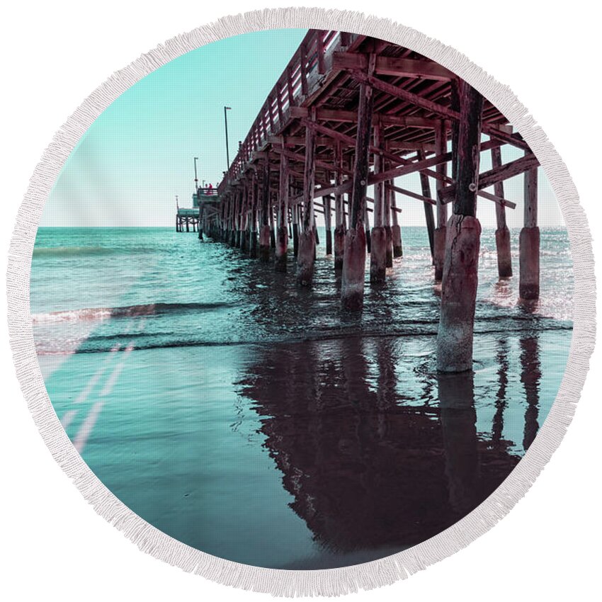 Silky Shadow Round Beach Towel featuring the photograph Long Shadows in Mint Green and Pink - Californian Cool Under the Newport Beach Pier by Georgia Mizuleva