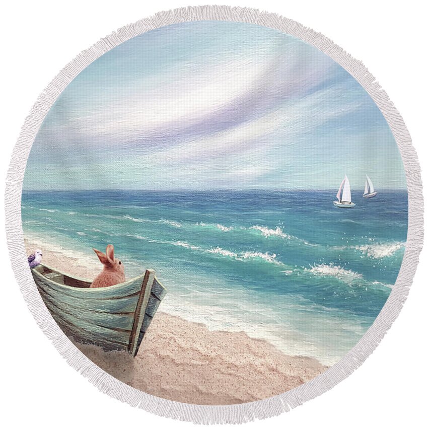 Bunny Round Beach Towel featuring the painting Longing by Yoonhee Ko
