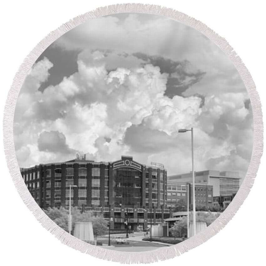 Rich Round Beach Towel featuring the photograph Looking Across The Rich Street Bridge Panorama Black And White by Adam Jewell
