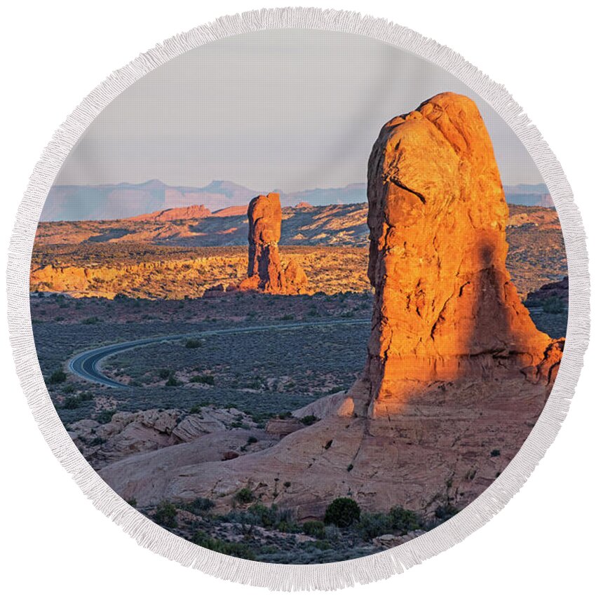 Arches Round Beach Towel featuring the photograph Looking down on Arches National Park in Moab Utah by Toby McGuire
