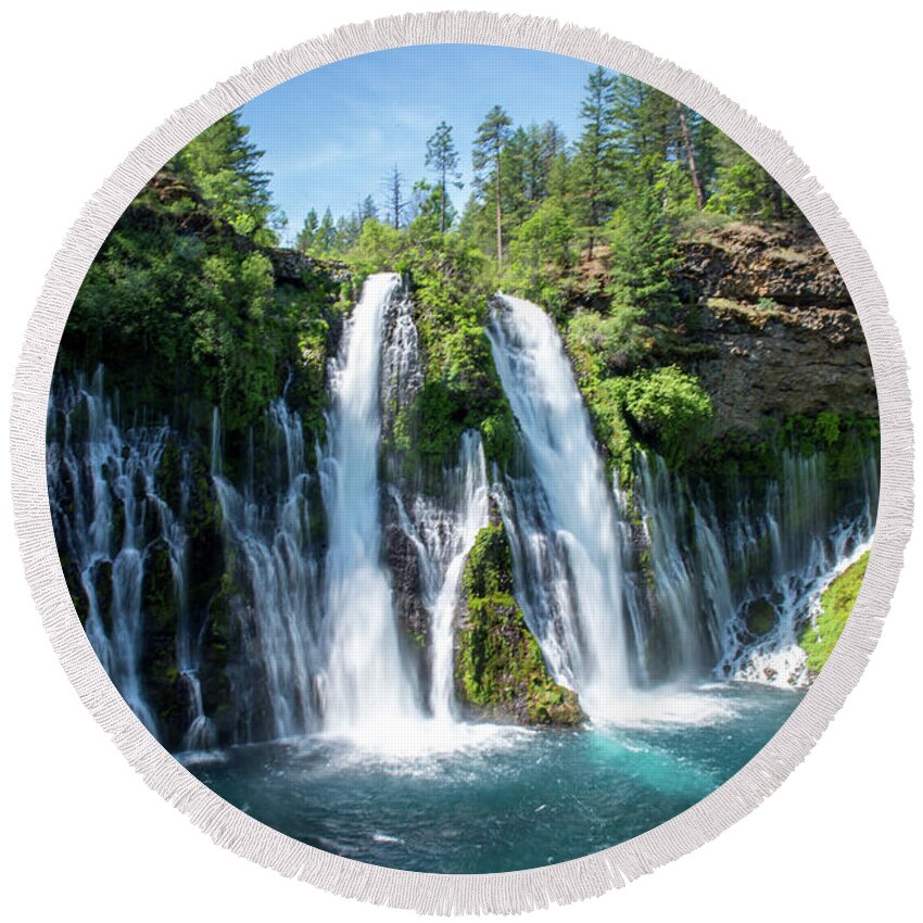 Lassen Round Beach Towel featuring the photograph Looking down on Burney Falls by Aileen Savage