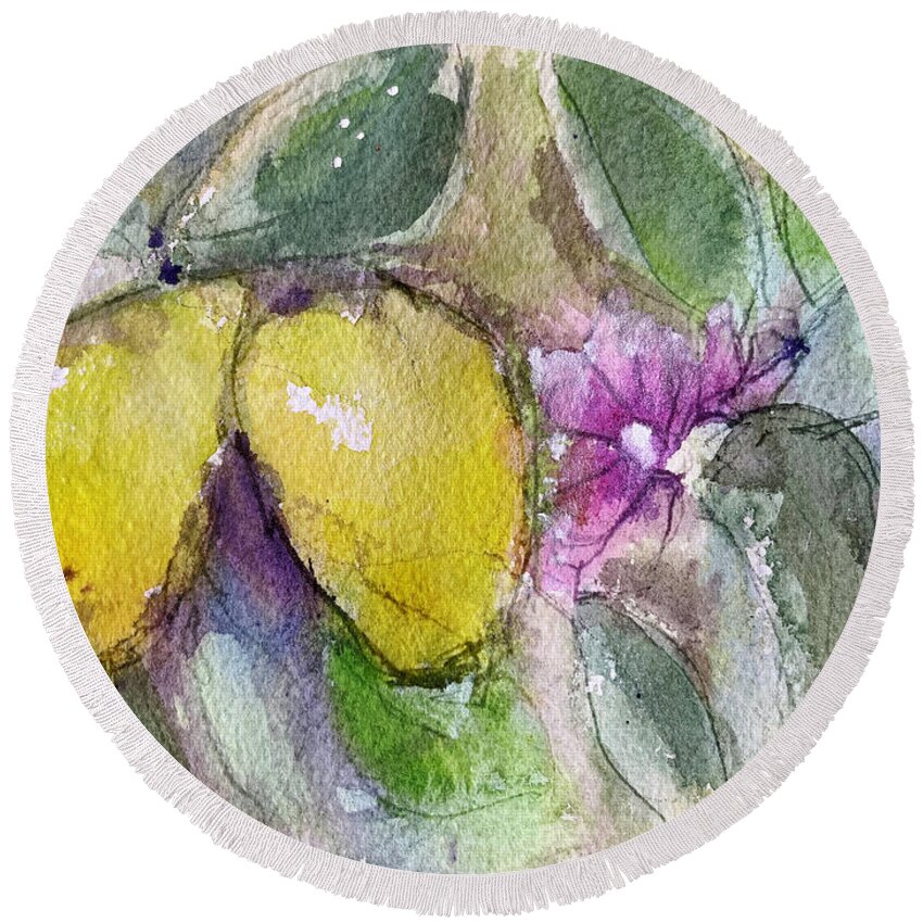 Lemons Round Beach Towel featuring the painting Loose Lemons by Roxy Rich