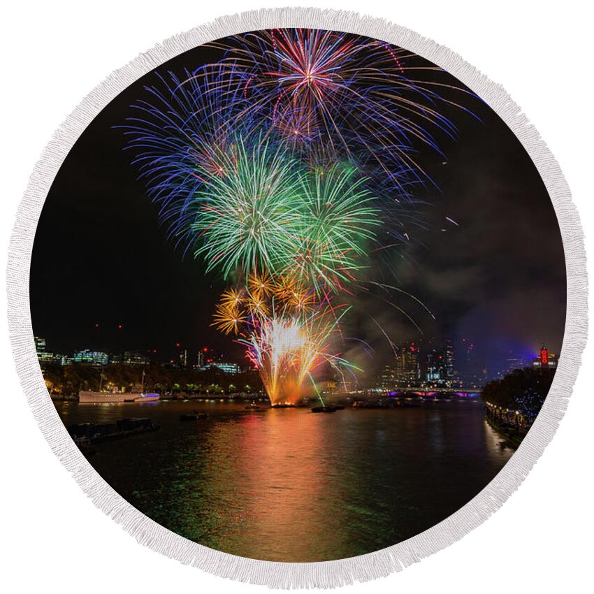Thames Round Beach Towel featuring the photograph Lord Mayor firework show in London by Andrew Lalchan