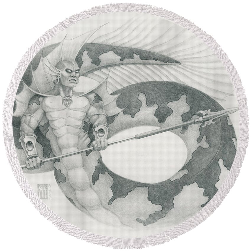 Lord Of Atlantis Round Beach Towel featuring the drawing Lord of Atlantis in Black and White by Melissa A Benson
