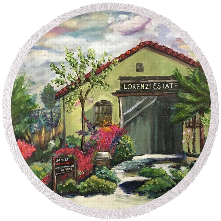 Lorenzi Round Beach Towel featuring the painting Lorenzi Estate Winery by Roxy Rich