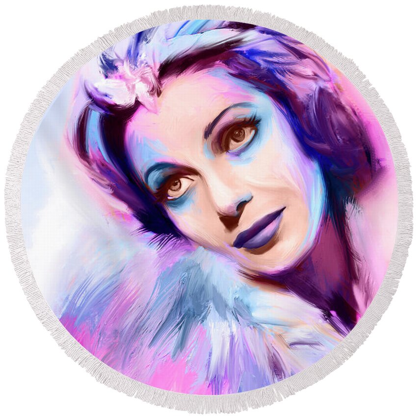 Loretta Round Beach Towel featuring the painting Loretta Young portrait by Movie World Posters