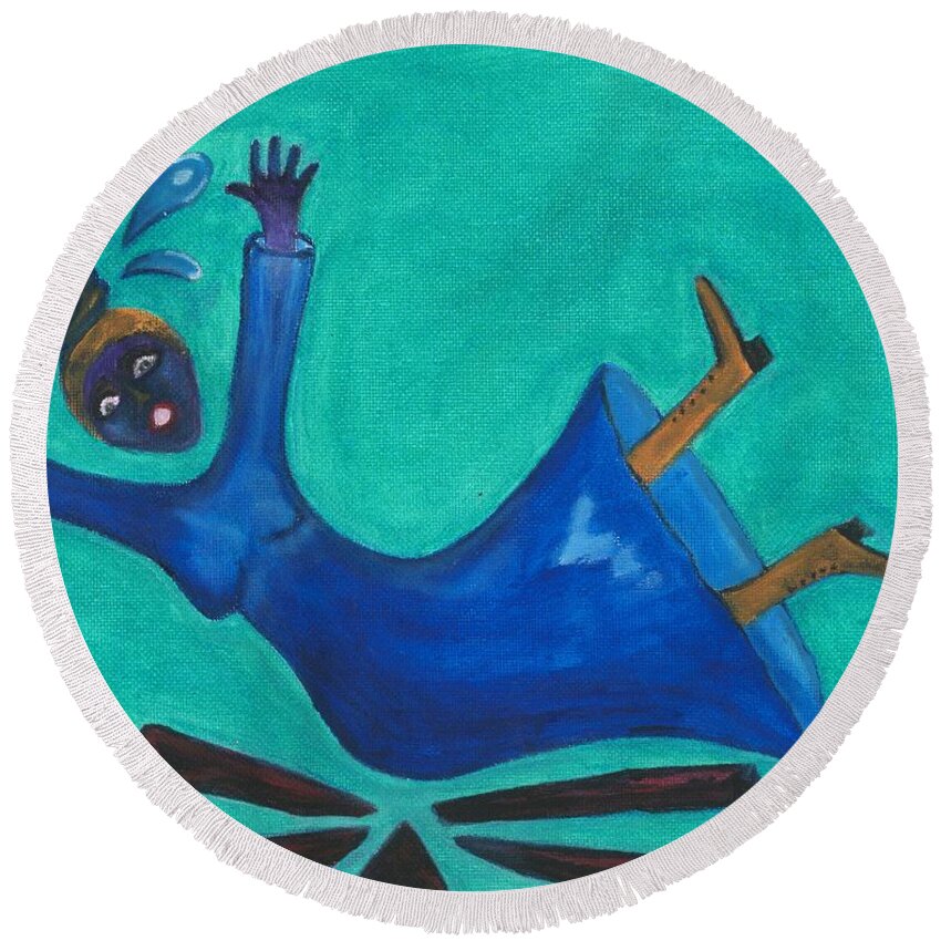 Blue Round Beach Towel featuring the painting Losing My Head by Esoteric Gardens KN