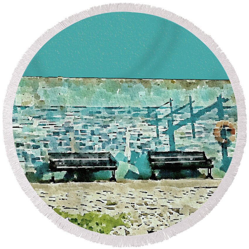 Lossiemouth Round Beach Towel featuring the digital art Lossiemouth Blue Wall by John Mckenzie