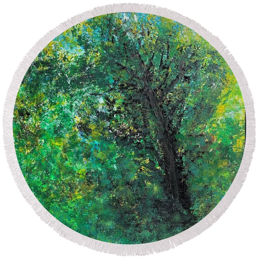 Forest Round Beach Towel featuring the painting Lost in a Forest Dream by Alina Deica