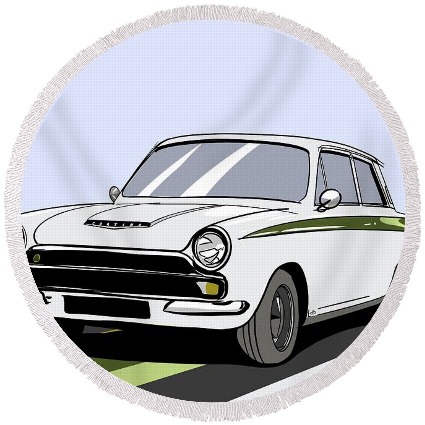 Sports Car Round Beach Towel featuring the digital art Lotus Cortina Classic British Sports Racing Touring Car - Vector Back Version by Moospeed Art