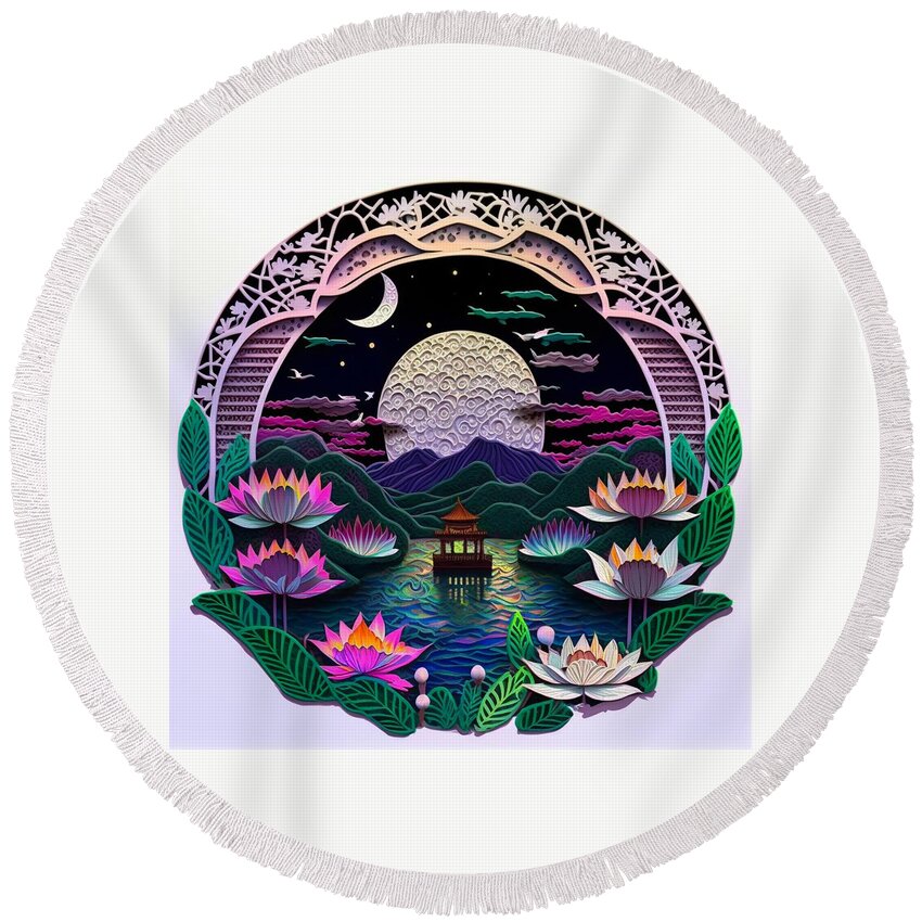 Paper Craft Round Beach Towel featuring the mixed media Lotus Pier I by Jay Schankman