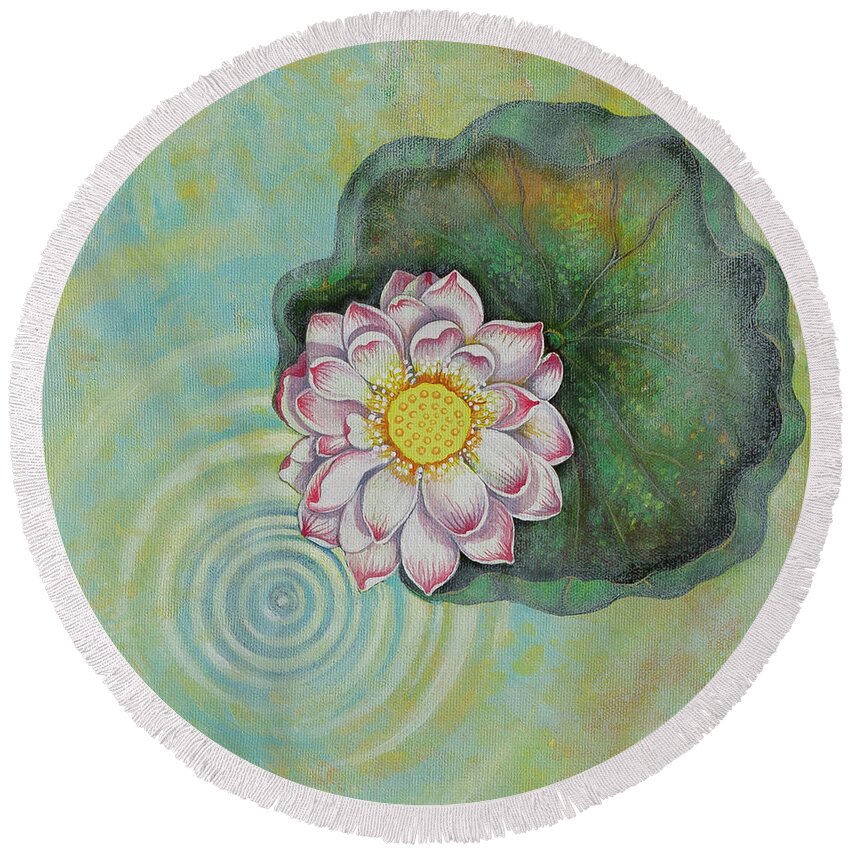 Lotus Round Beach Towel featuring the painting Lotus pool. 2nd of 4 parts by Yuliya Glavnaya