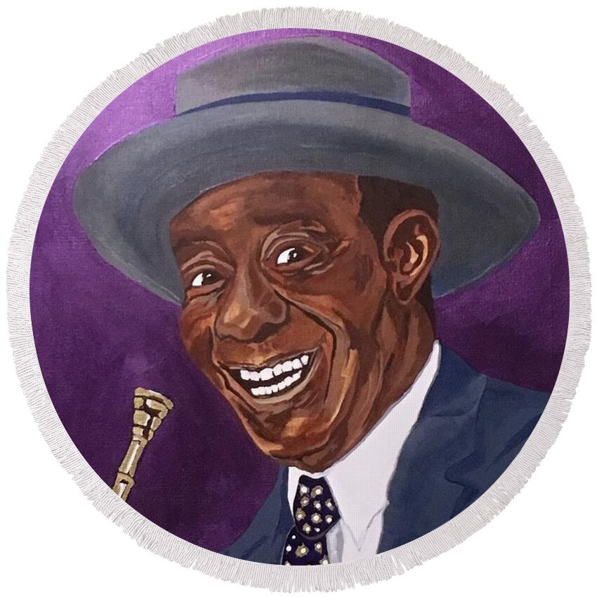 Louis Armstrong Round Beach Towel featuring the painting Louis Sporting a New Hat by Bill Manson