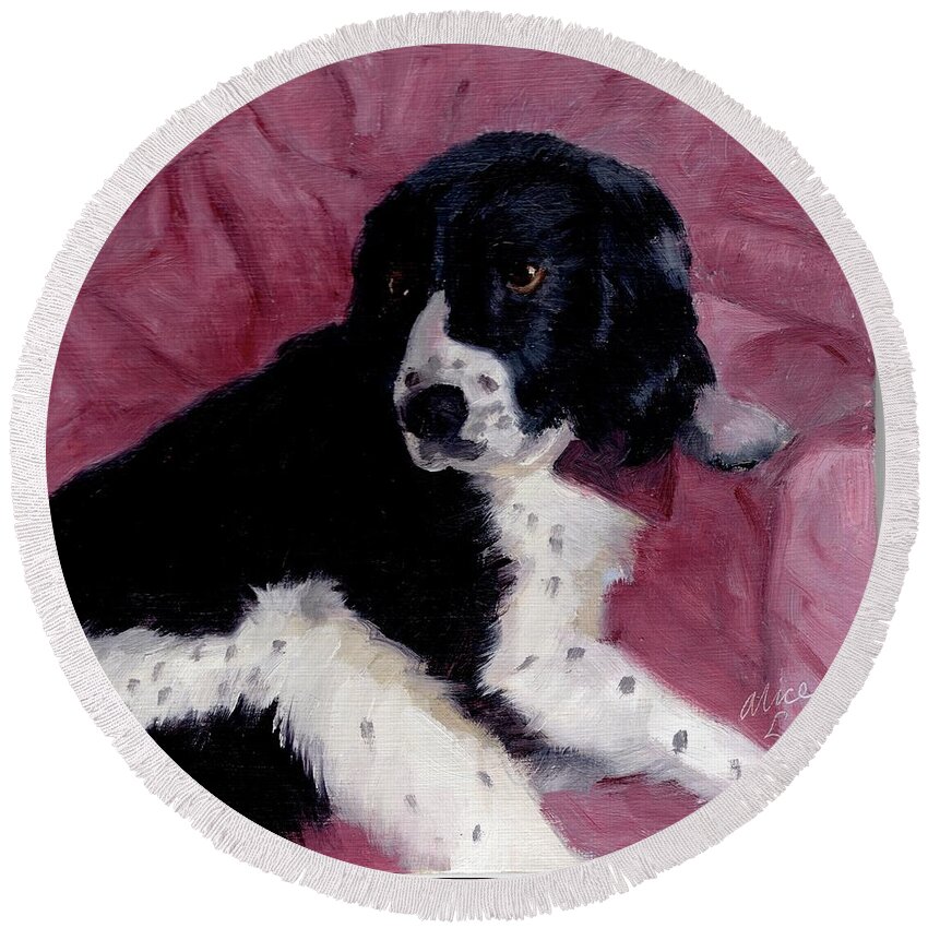 Dog Round Beach Towel featuring the painting Lounging Around by Alice Leggett