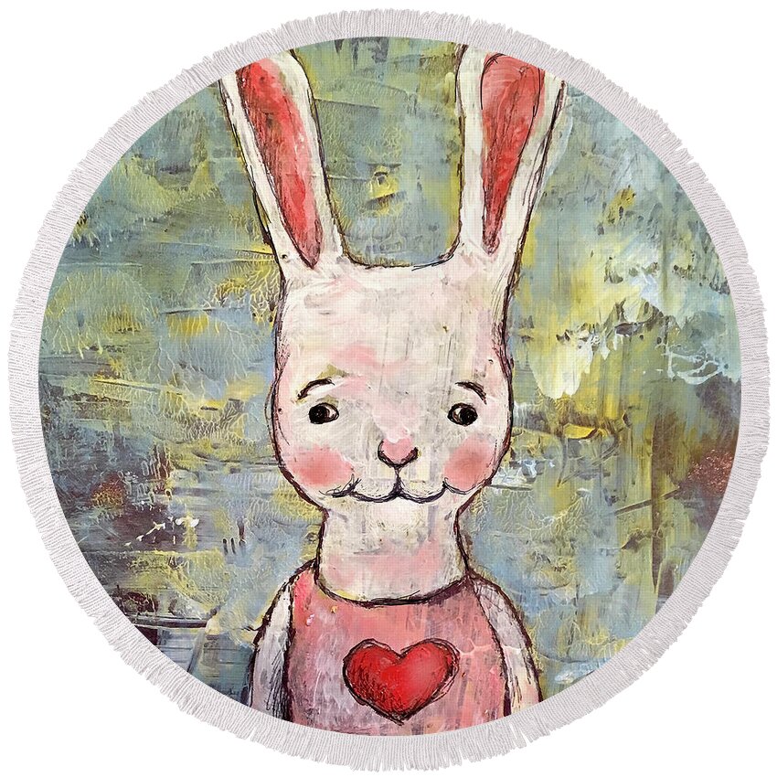 Bunny Round Beach Towel featuring the mixed media Love Bunny by AnneMarie Welsh