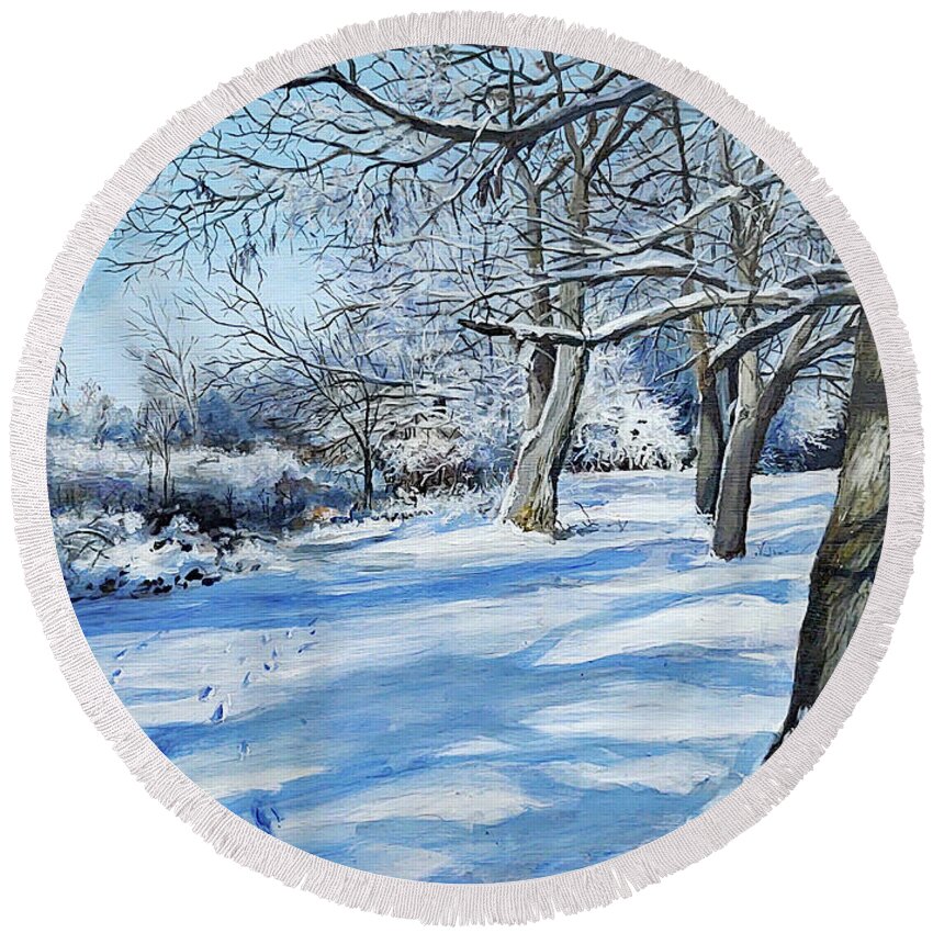 Winter Round Beach Towel featuring the painting Love Is Blue by William Brody