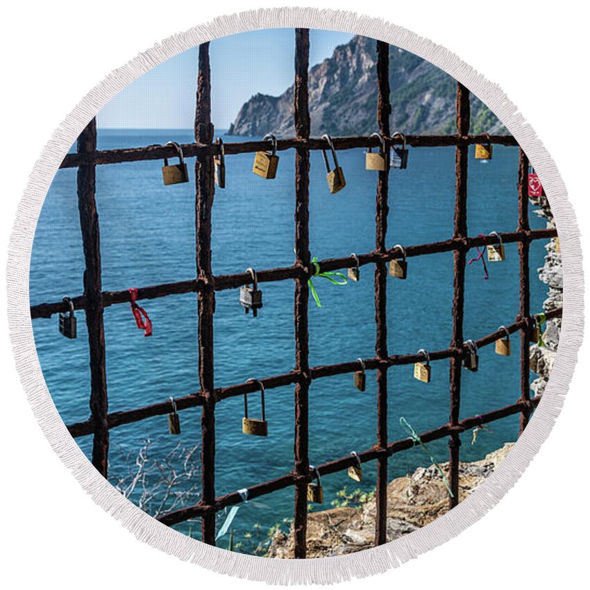 Cinque Terre Round Beach Towel featuring the photograph Love Locks by David Downs
