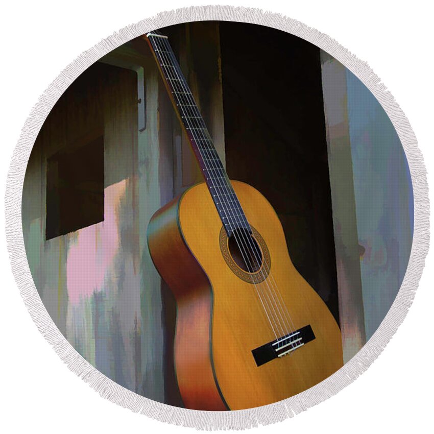 Classical Guitar Round Beach Towel featuring the digital art Love My Guitar by Steve Ladner