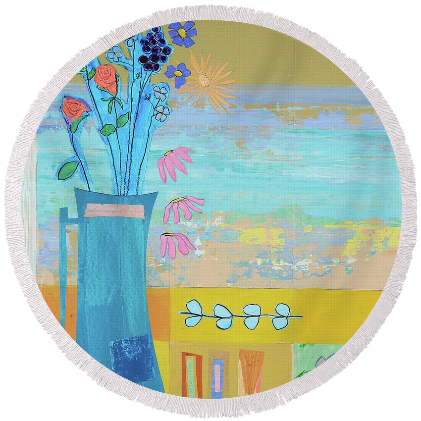 Love Notes Round Beach Towel featuring the mixed media Love Notes #1 by Julia Malakoff