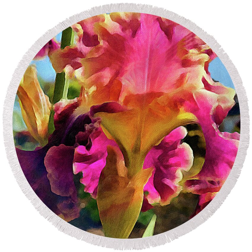 Iris Round Beach Towel featuring the digital art Lovely Iris by Jeanette French