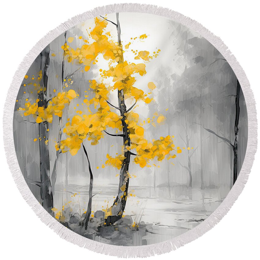 Yellow Round Beach Towel featuring the painting Lovely Sunny Autumn Day by Lourry Legarde