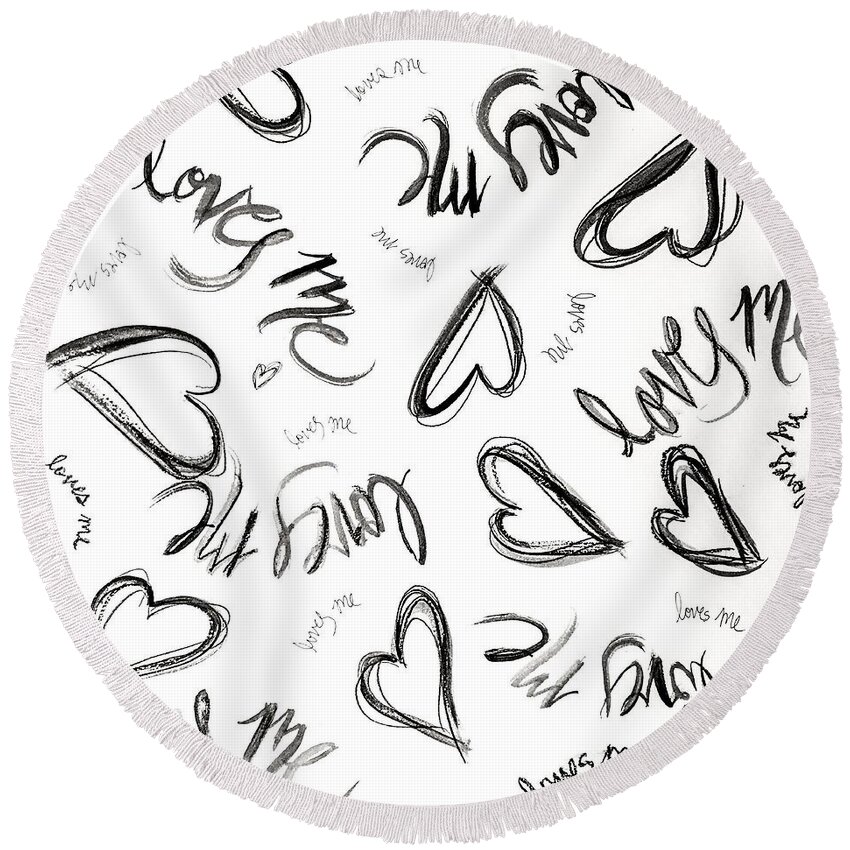 Love Round Beach Towel featuring the painting Loves Me - white by Liana Yarckin