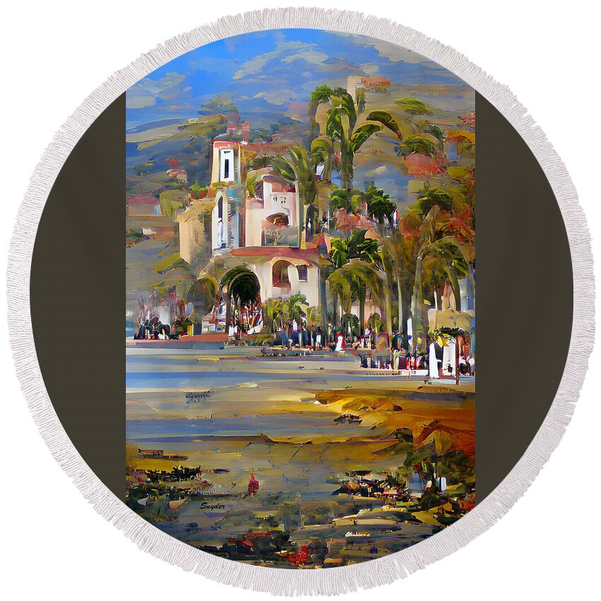 Low Tide Round Beach Towel featuring the photograph Low Tide at the Beach Santa Barbara California AI by Barbara Snyder