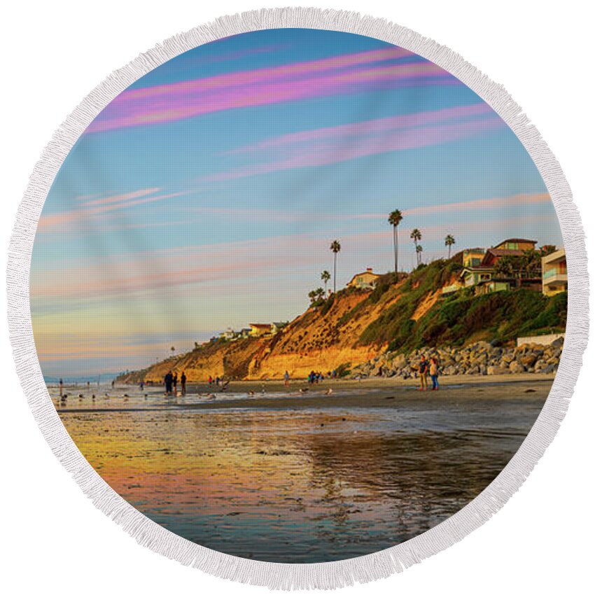 Beach Round Beach Towel featuring the photograph Low Tide Colors at Moonlight Beach by David Levin