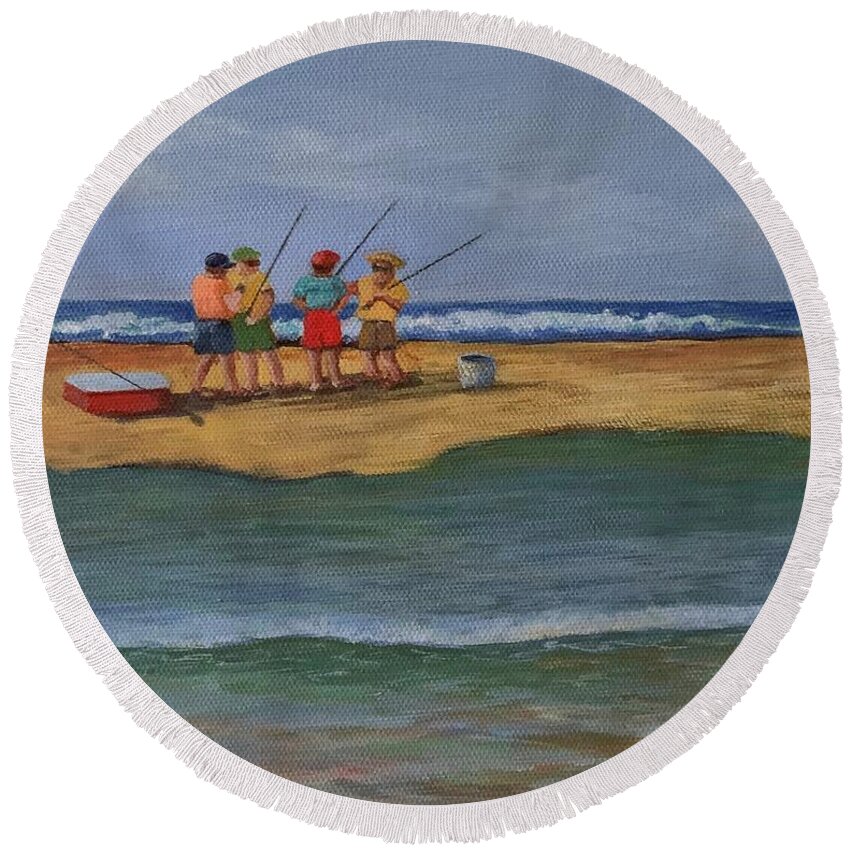 Low Tide Round Beach Towel featuring the painting Low Tide Gathering by Jane Ricker