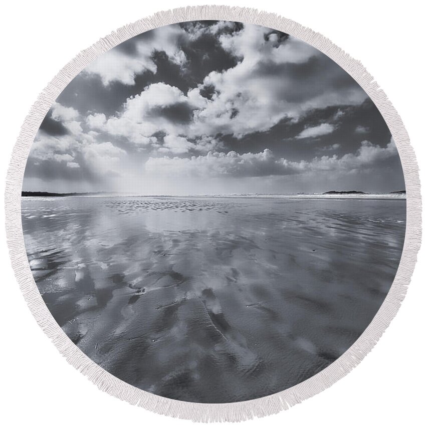 Black And White Photography Round Beach Towel featuring the photograph Low Tide on Combers Beach by Allan Van Gasbeck