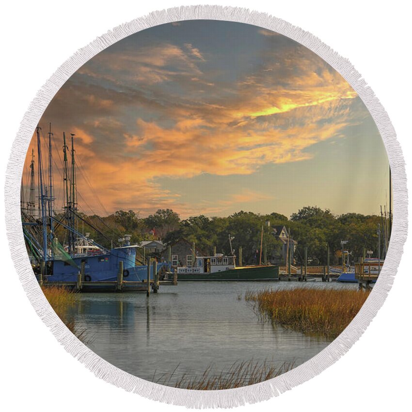 Shem Creek Round Beach Towel featuring the photograph Lowcountry Gold - Shem Creek Winter Marsh Grass by Dale Powell
