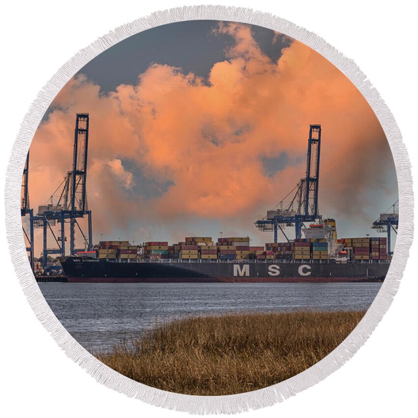 Msc Shanghai Round Beach Towel featuring the photograph Lowcountry Shipping - Wando Welch Terminal - Viewed from Daniel Island SC by Dale Powell