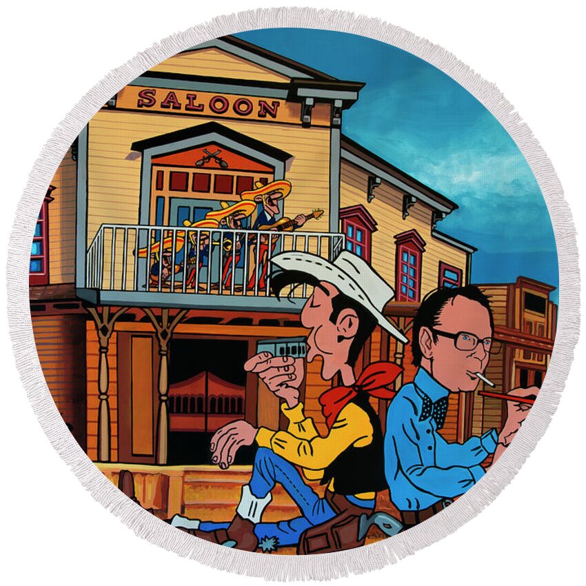 Lucky Luke Round Beach Towel featuring the painting Lucky Luke and Morris Painting by Paul Meijering
