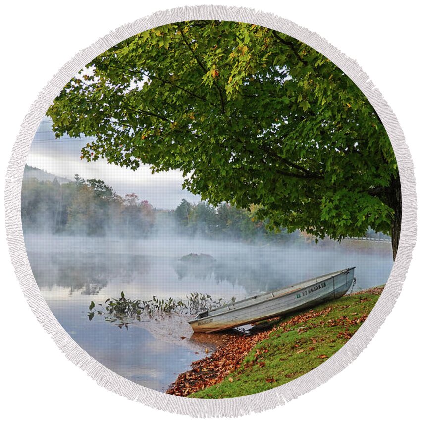Ludlow Round Beach Towel featuring the photograph Ludow VT Row Boat Misty Morning Fall Foliage by Toby McGuire