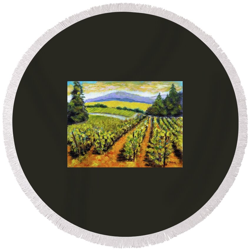 Landscape Round Beach Towel featuring the painting Lumos Vineyard Philomath by Mike Bergen