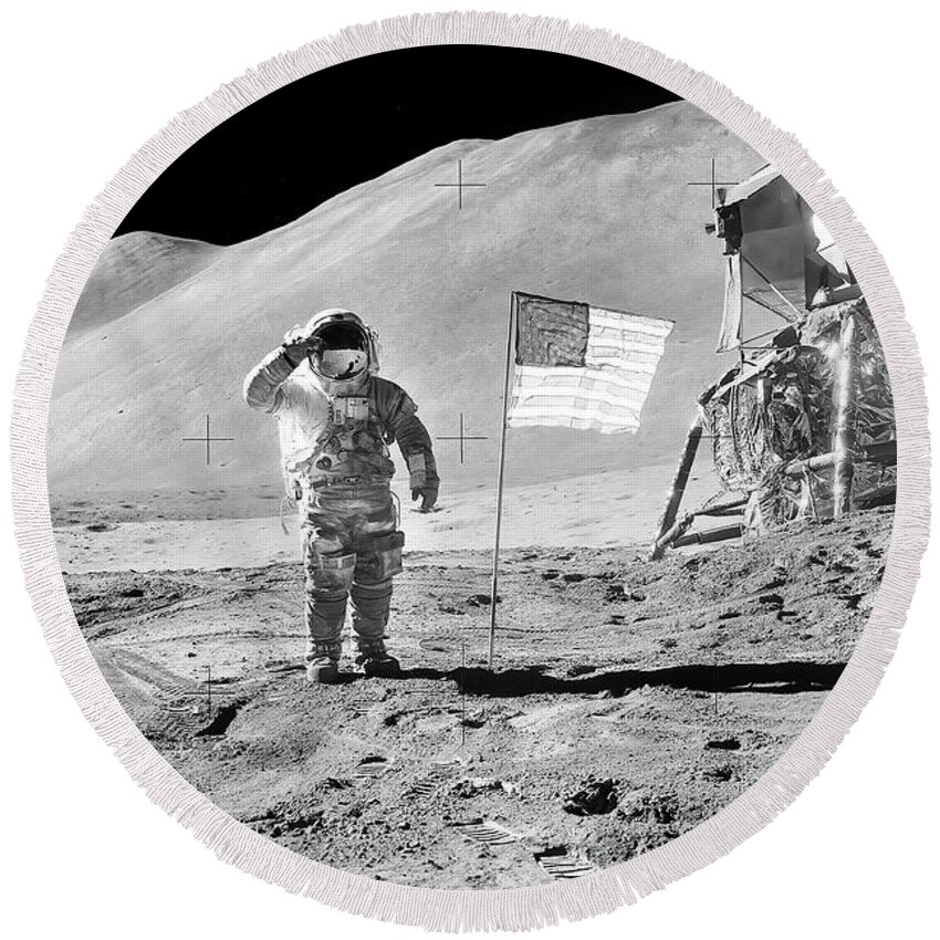 Apollo Round Beach Towel featuring the photograph Lunar Salute 5 - Apollo 15 BW by Eric Glaser