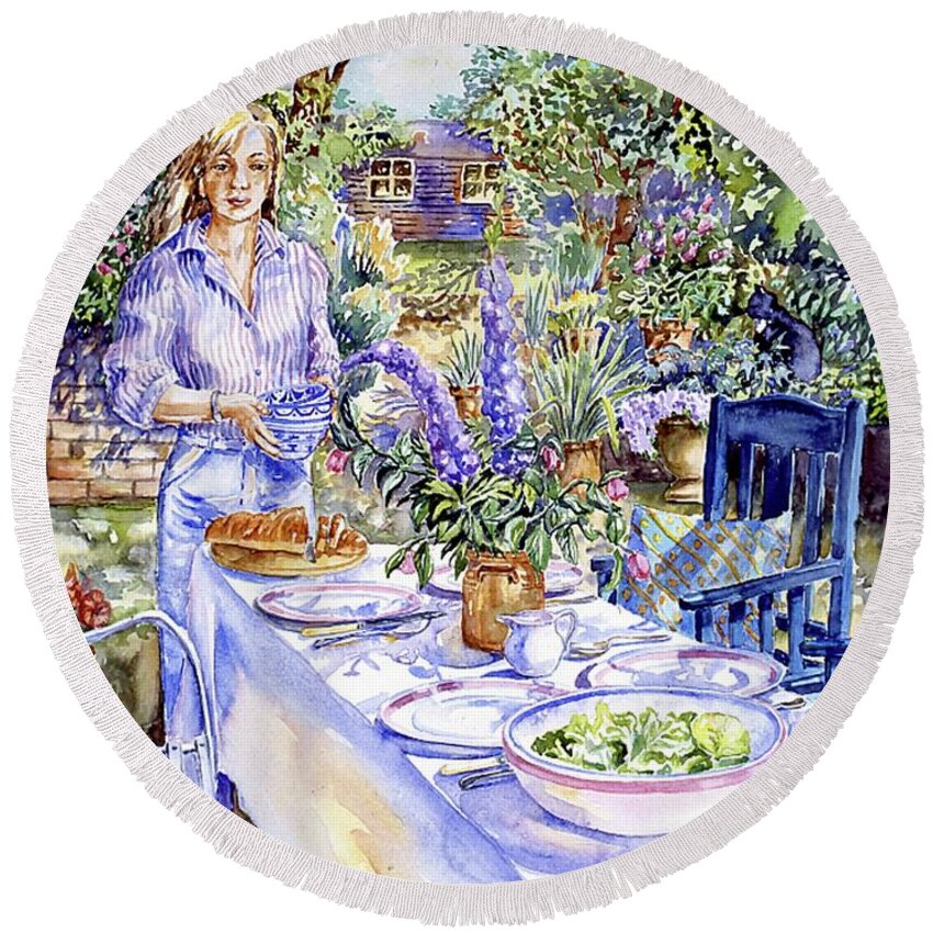 Eating Al Fresco Round Beach Towel featuring the painting Lunch Outdoors by Trudi Doyle