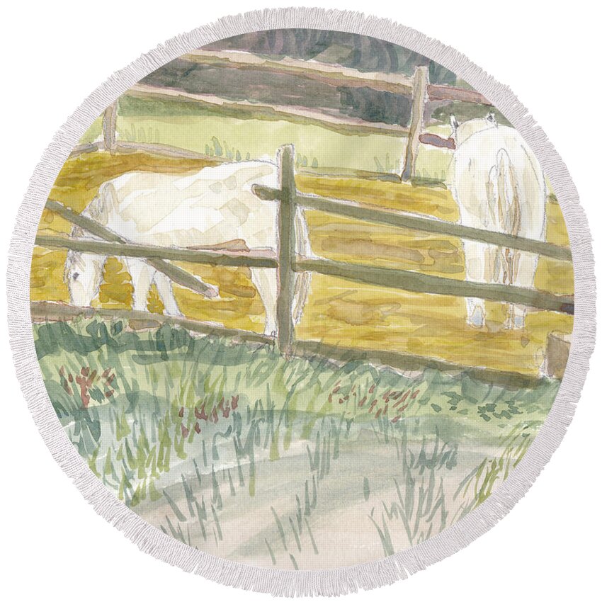 Annapolis Round Beach Towel featuring the painting Lunchtime for Welsh Ponies by Maryland Outdoor Life