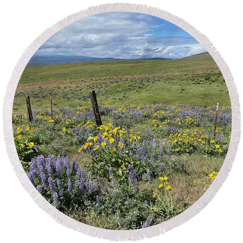 Wildflowers Round Beach Towel featuring the photograph Lupines and Balsamroot Along the Road by Carol Groenen