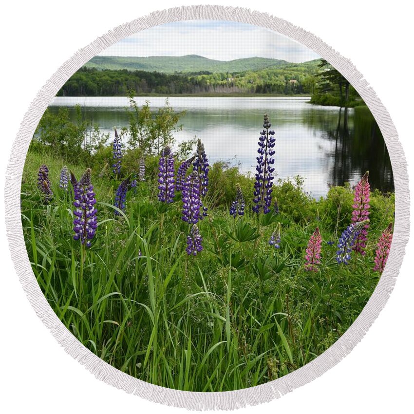 Sugar Hill Round Beach Towel featuring the photograph Lupines at the Lake by Steve Brown