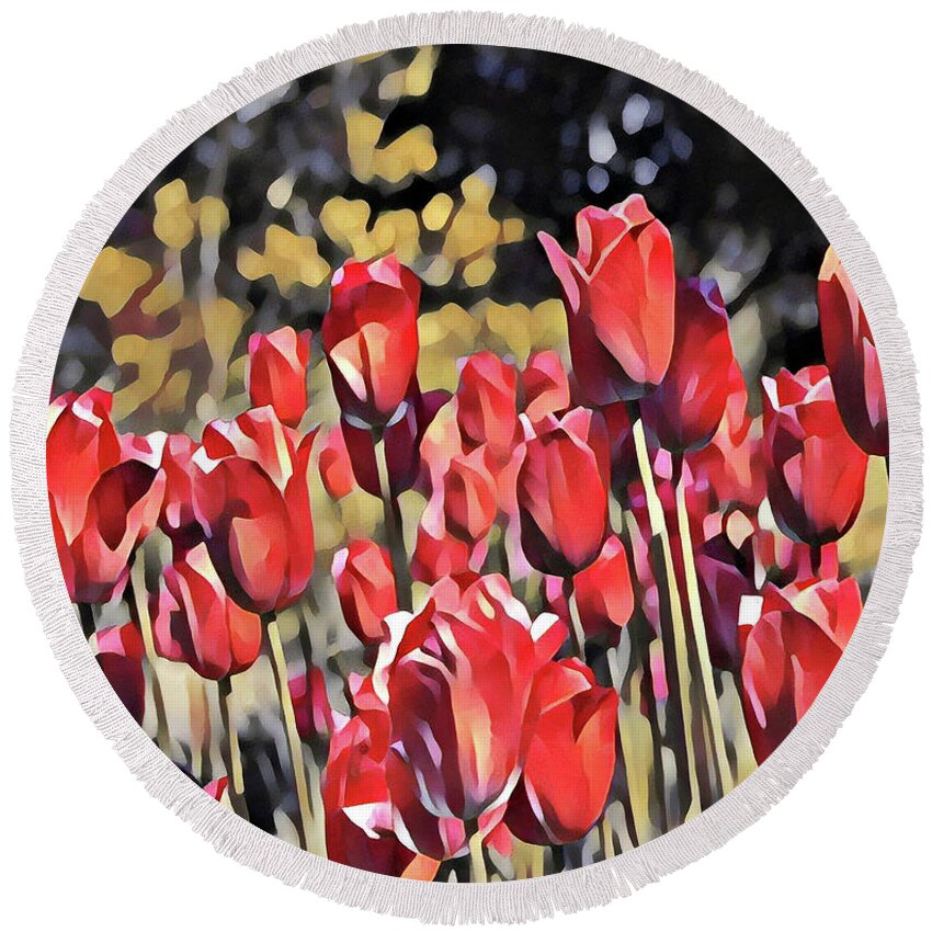 Floral Painting Round Beach Towel featuring the digital art Luscious Red Tulips by Mary Gaines