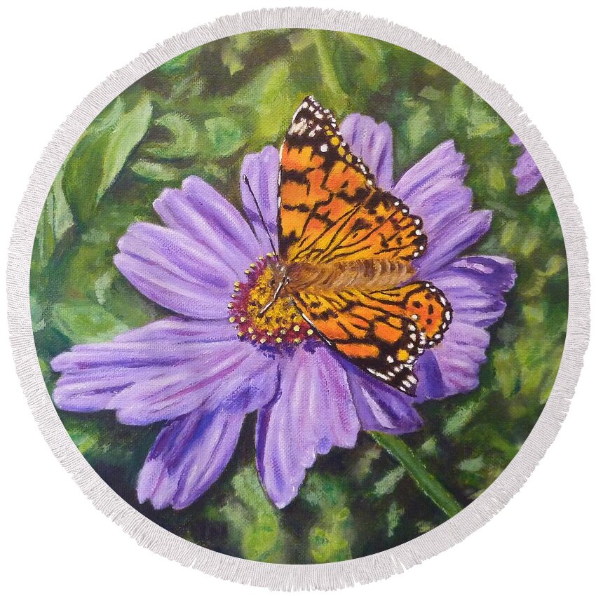 Painted Lady Butterfly Round Beach Towel featuring the painting Lydia's Painted Lady by Amelie Simmons